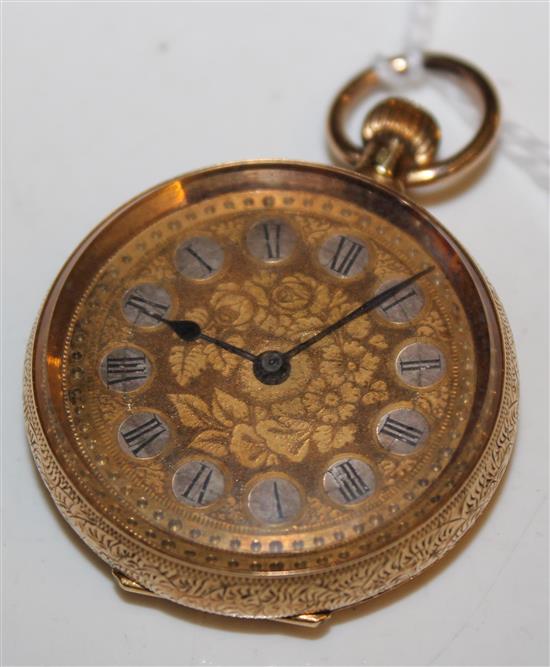 18K engraved gold pocket watch, enamelled Roman dial